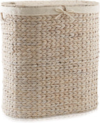 Casafield Oval Laundry Hamper with Lids and Removable Liner Bags - Whitewash, Woven Water Hyacinth 2-Section Laundry Basket Sorter for Clothes, Towels