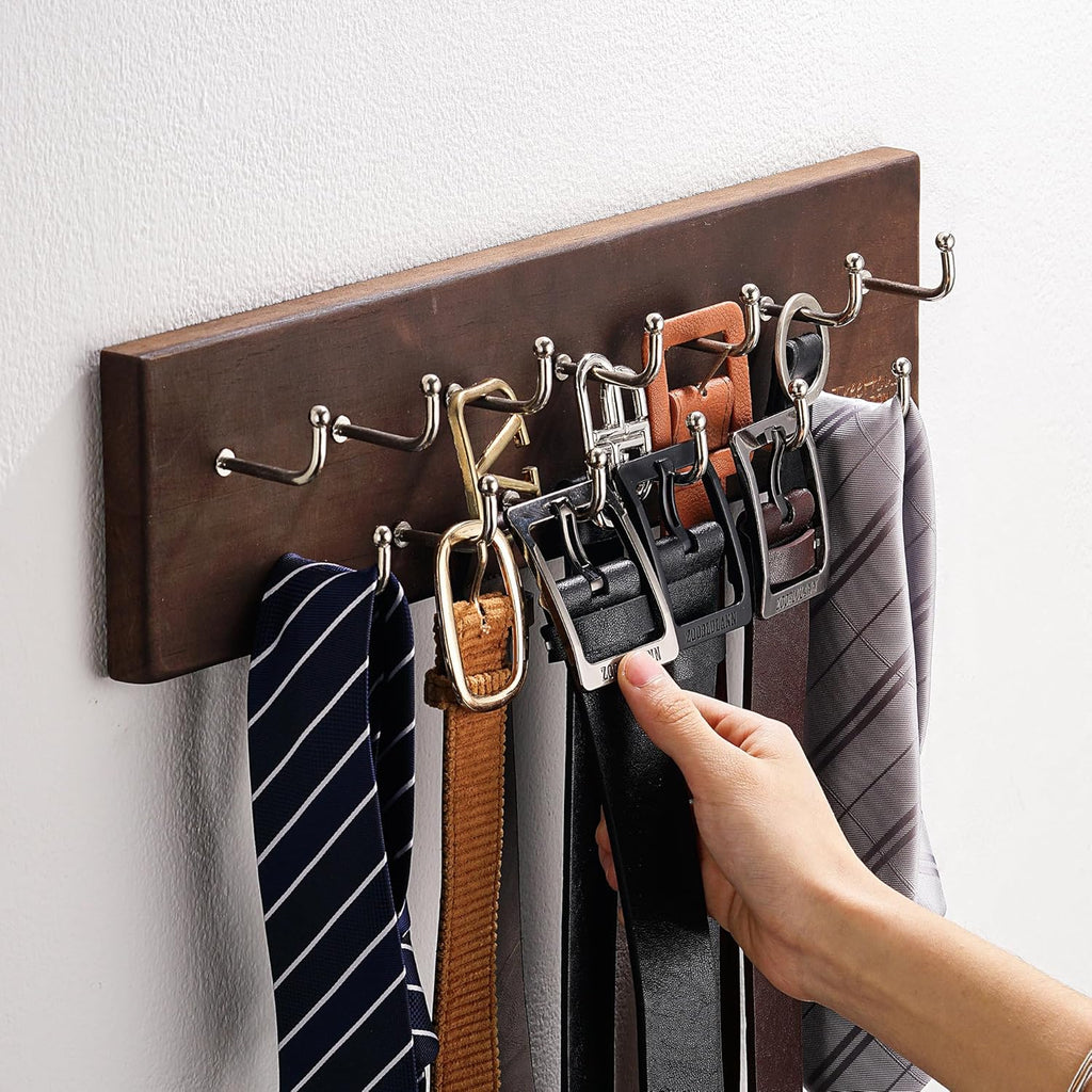 Treehouse Belt Organizer Rack, Holds Over 28 Large Belts, Sturdy Metal & Sturdy Wood Storage Holder for Closet, Versatile, Wall Mounted Belt & Tie Display Hanger for Bedroom - (Walnut) 4.25''Hx16''L