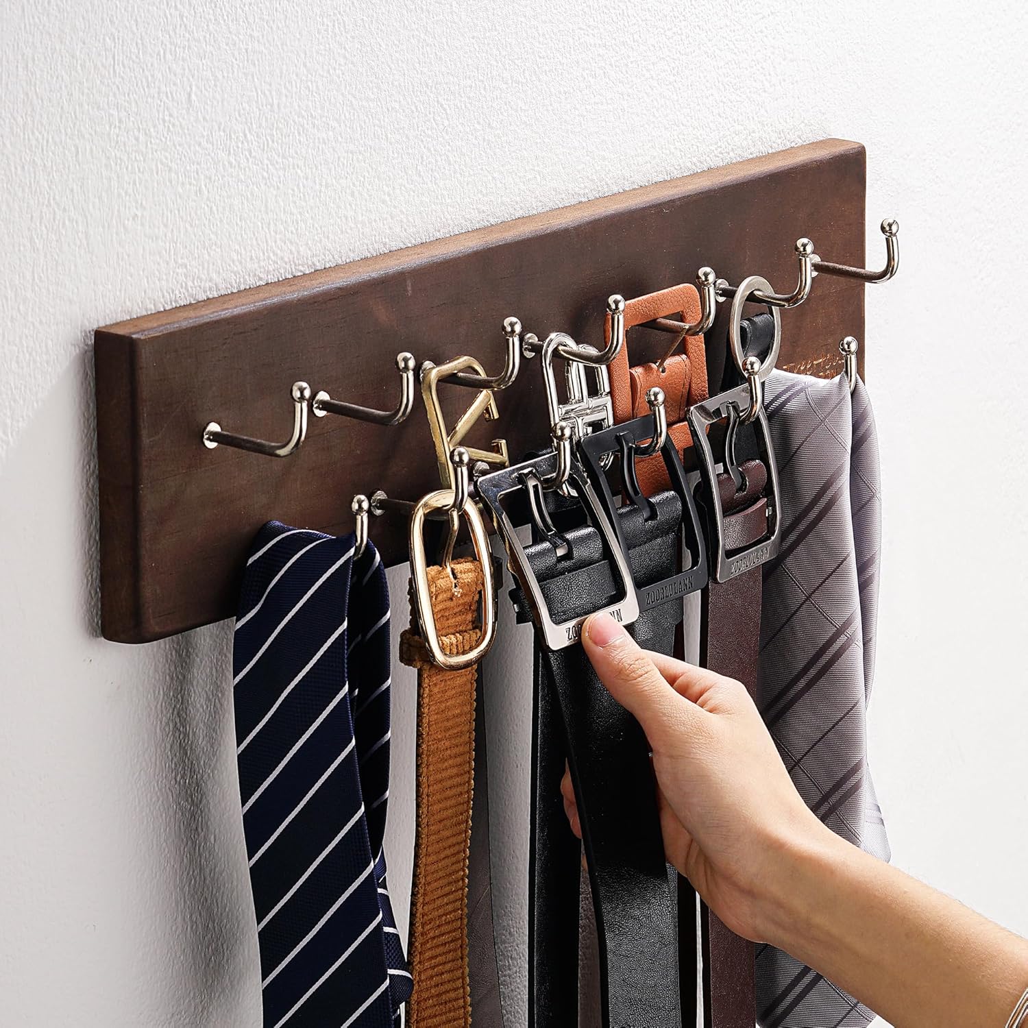 Treehouse Belt Organizer Rack, Holds Over 28 Large Belts, Sturdy Metal & Sturdy Wood Storage Holder for Closet, Versatile, Wall Mounted Belt & Tie Display Hanger for Bedroom - (Walnut) 4.25''Hx16''L