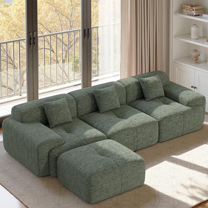 122" L Shaped Convertible Modular Couch, Cloud Couch Sectional with Ottoman, 4-Seater Chenille Boneless Couches for Living Room, Apartment, No Assembly, Green 1PCS