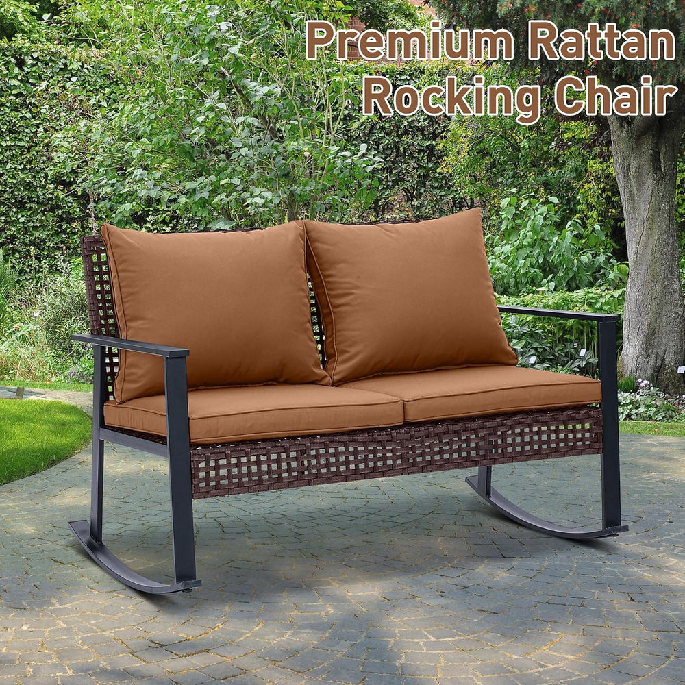Ainfox Outdoor Wicker Loveseat Rocking Chair, Patio Rattan Rocker Chair with ...