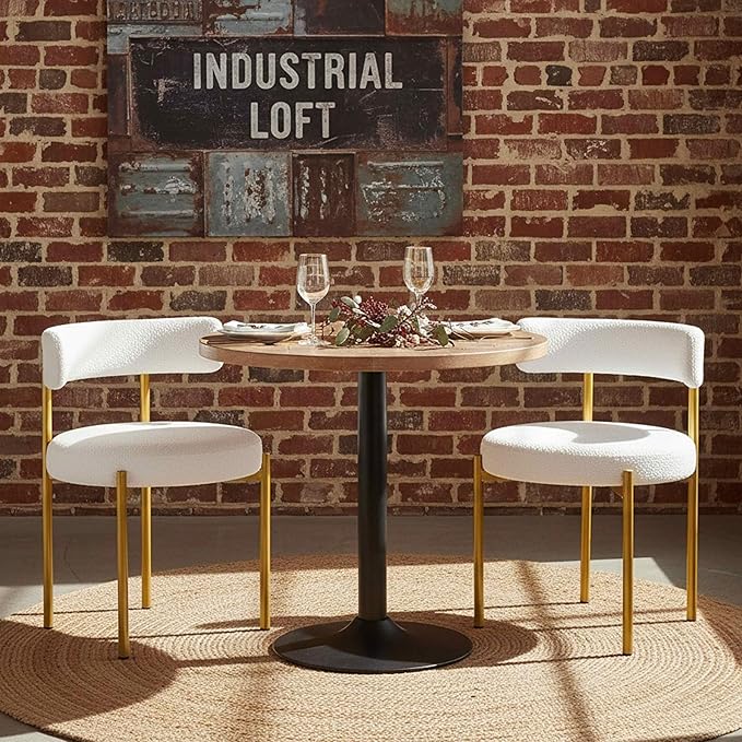 Boucle Dining Chairs Set of 2, White Dining Chairs with Upholstered Seat and Gold Legs, Mid-Century Modern Kitchen Chairs for Dining Room, Restaurant