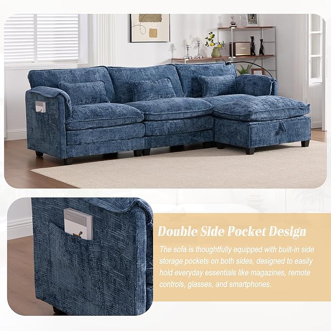 Ball & Cast Modular Sectional Sofa,L Shaped Couch with Movable Storage Ottoman,Chenille Upholstered Sofa W/USB Charging Port,Phone Holder and Side Pocket,for Living Room,Apartment,Navy,109"