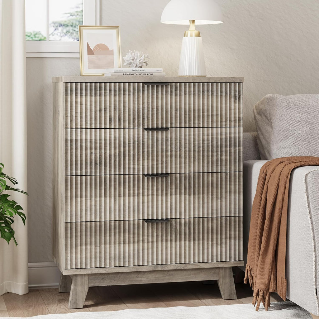 Fluted Nightstand, 31.5" Wide Side Table with 4 Large Storage Drawers, Mid Century Modern Wood Night Stand with Metal Handle, Wooden Bedside End Table for Bedroom, Living Room, Closet, Grey