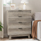 Fluted Nightstand, 31.5" Wide Side Table with 4 Large Storage Drawers, Mid Century Modern Wood Night Stand with Metal Handle, Wooden Bedside End Table for Bedroom, Living Room, Closet, Grey