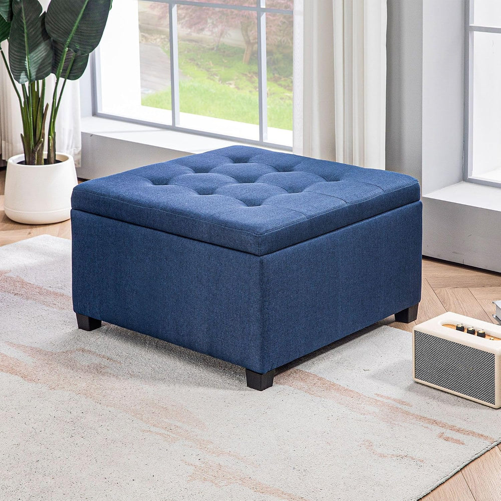 Round Storage Button Tufted Flip Top Ottoman in Classic Blue Velvet with Comf...
