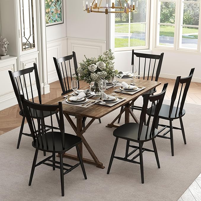 HNY Black Windsor Dining Chairs Set of 6, Farmhouse Wooden Kitchen Chairs with Spindle Back, Mid Century Modern Armless Kitchen Side Chair for Dining Living Room Restaurant