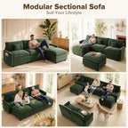 108 Inch Cloud Couch Sectional, Modular Sectional Sofa with Ottoman, Green | L Shaped Sectional Couches for Living Room, Apartment, Comfy Corduroy Cloud Sofa with Throw Pillows, Modern 4 Seater Couch