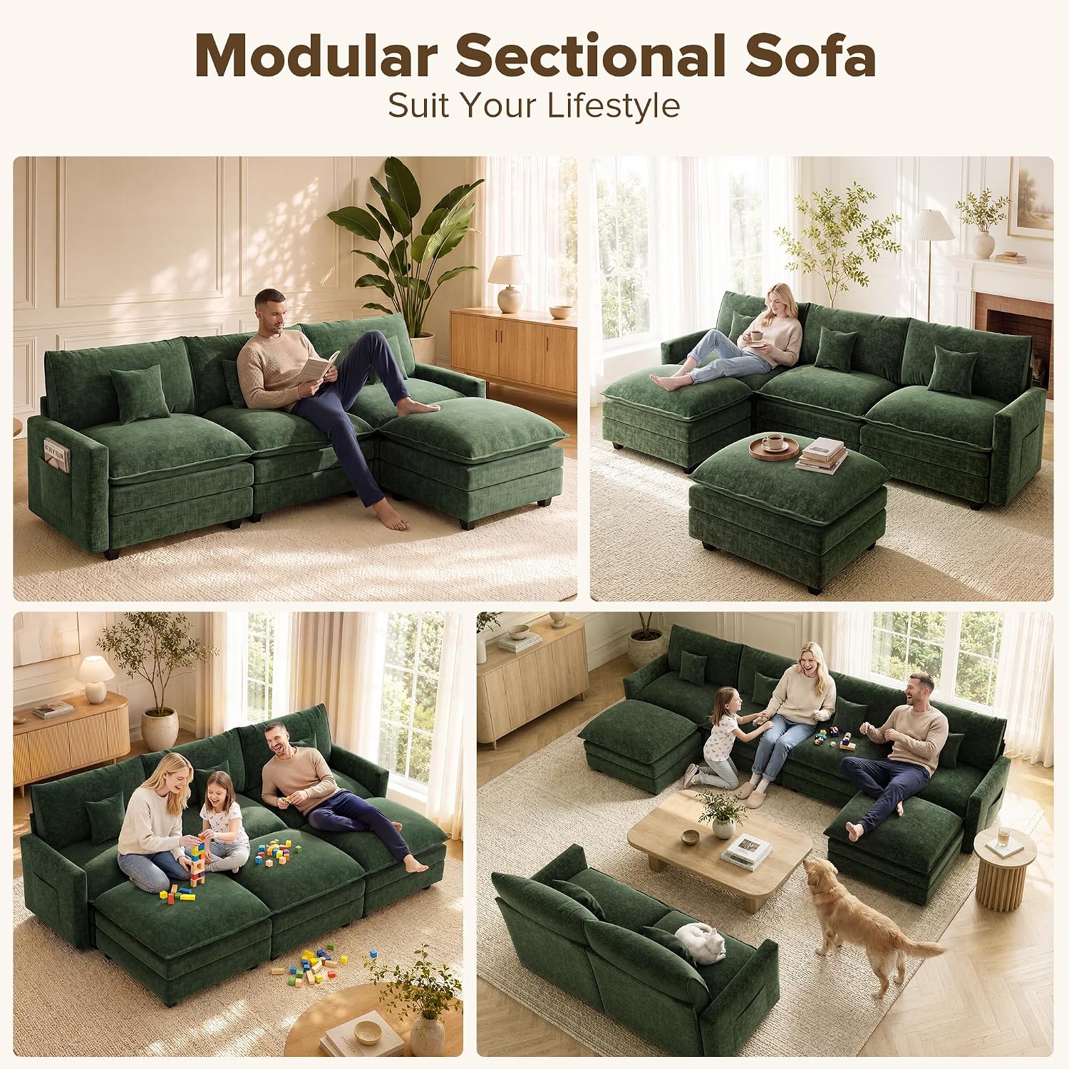 108 Inch Cloud Couch Sectional, Modular Sectional Sofa with Ottoman, Green | L Shaped Sectional Couches for Living Room, Apartment, Comfy Corduroy Cloud Sofa with Throw Pillows, Modern 4 Seater Couch