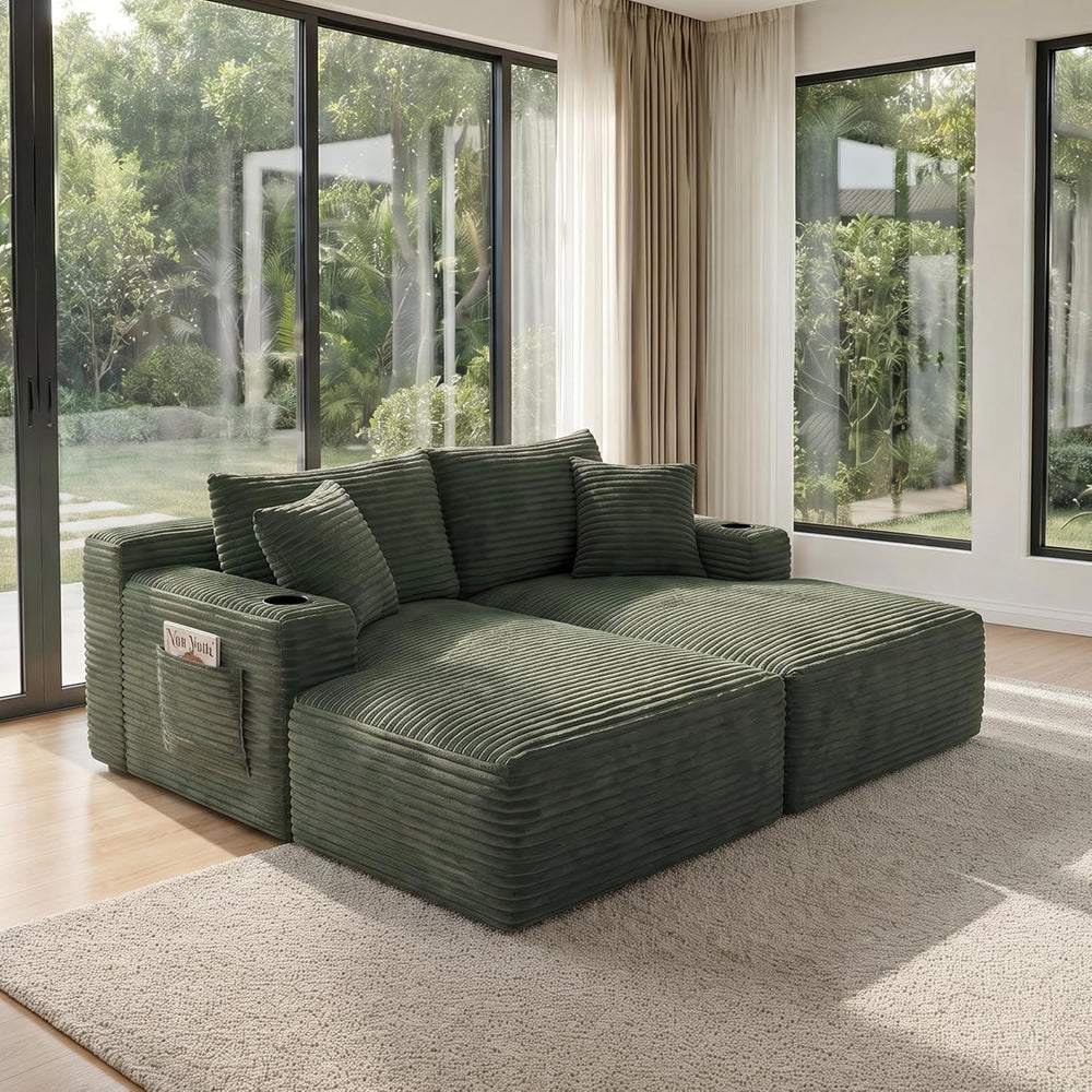 133" U-Shaped Modular Sectional Sofa, Corduroy Couch, Green | Cloud Luxu...
