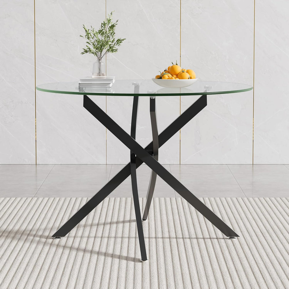 Modern Glass Dining Table Round Dining Room Table with Tempered Glass Top, Bl...