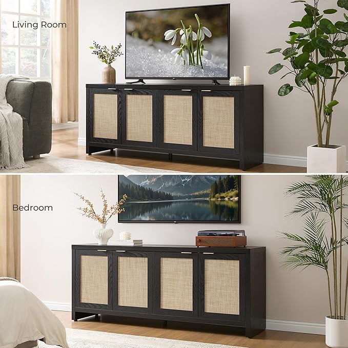 SICOTAS TV Stand for Living Room Boho Entertainment Center for Bedroom with 4 Rattan Cabinets Farmhouse Television Stands with Storage Large Media Console Table for TVs up to 65 Inch