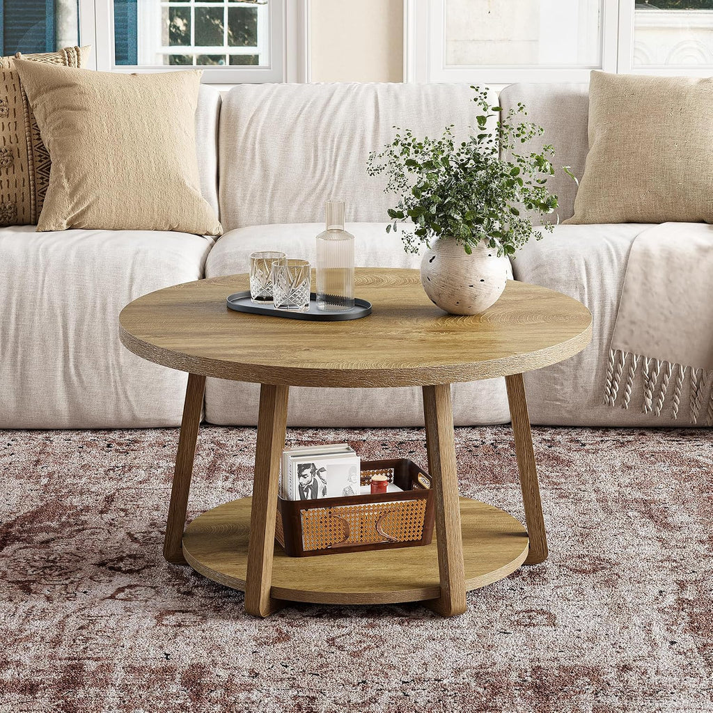 LITTLE TREE Round Coffee Table, 2-Tier Center Table with Storage | Wooden Legs, 31.5 Dia. x 19.6 H Inches, Easy Assembly, Circle Coffee Tables for Living Room, Bedroom