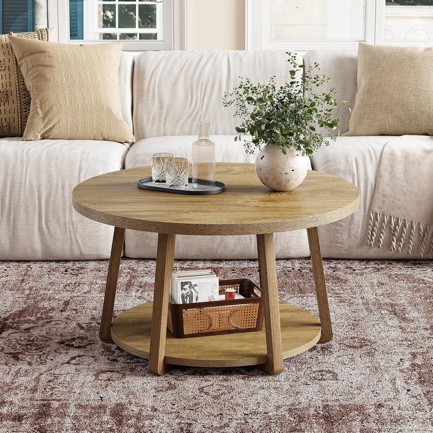 LITTLE TREE Round Coffee Table, 2-Tier Center Table with Storage | Wooden Legs, 31.5 Dia. x 19.6 H Inches, Easy Assembly, Circle Coffee Tables for Living Room, Bedroom