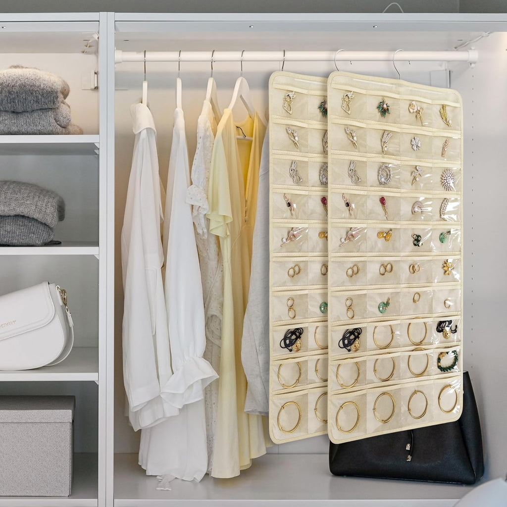 80 Pocket Hanging Jewelry Organizer with Hanger Metal Hooks Storage On Wall Door Closet Double-Sided(Each Side 40 Pockets) Jewelry Holder for Earrings, Necklaces, Rings (4 PACK BEIGE)