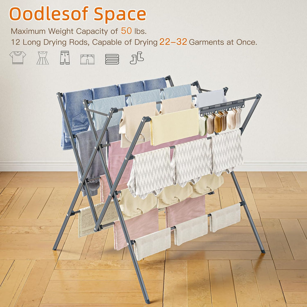 HOMIDEC Drying Rack Clothing,Large 12 Drying Poles with Sock Clips Clothes Drying Rack,Foldable Portable Laundry Drying Rack for Air Drying Clothing,Towels,Delicate Eac,Indoor Outdoor Use.Silver