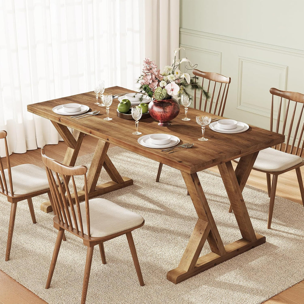 Solid Wood Dining Table for 4-6 People, 63 Inches Wooden Farmhouse Rectangula...