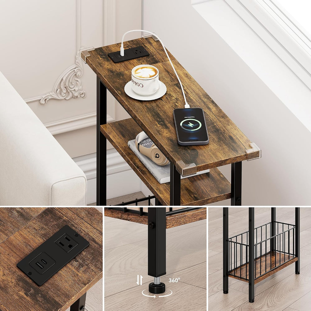 Vagusicc Narrow Side Table with Charging Station, 3-Tier Skinny Side End Tabl...