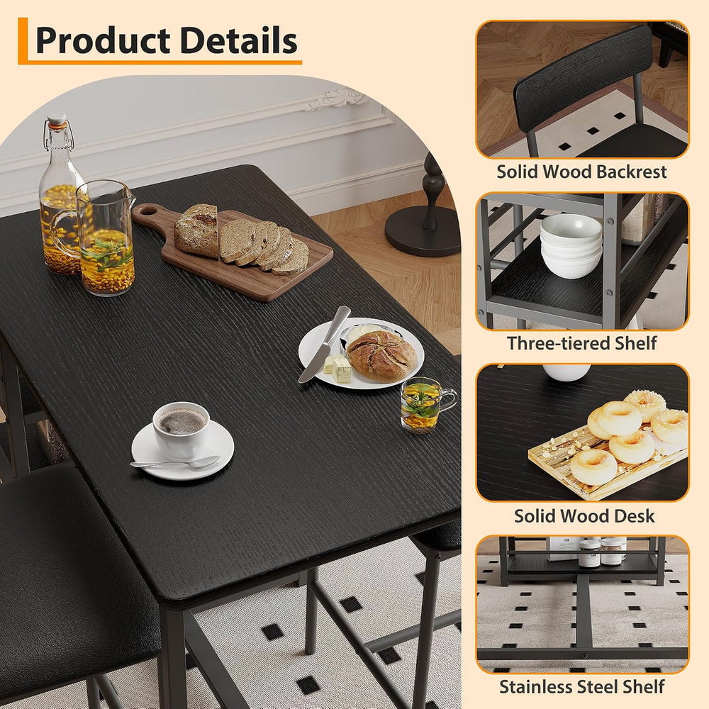 3 Piece Counter Height Dining Table Set for 2 with 3-Tier Storage Open Shelve...