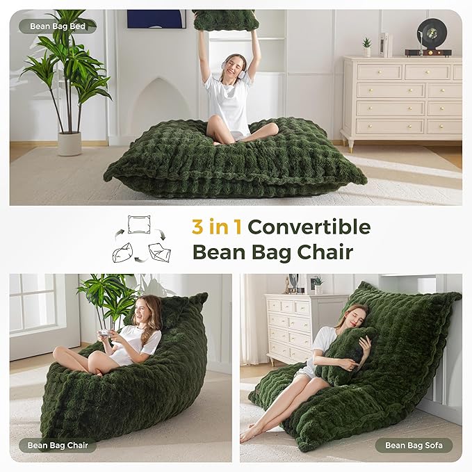 MAXYOYO Giant Bean Bag Chair with Pillow, 3 in 1 Convertible Bean Bag Chair for Adults with Removable Cover, Floor Cushion Stuffed Floor Lounger for Living Room Bedroom, Bubble Green