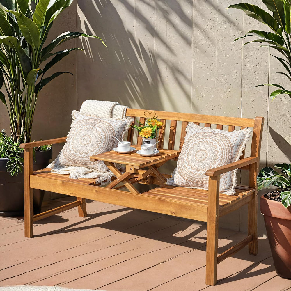 Greesum Outdoor Bench 2-Person Acacia Garden Chair Patio Porch Furniture with...