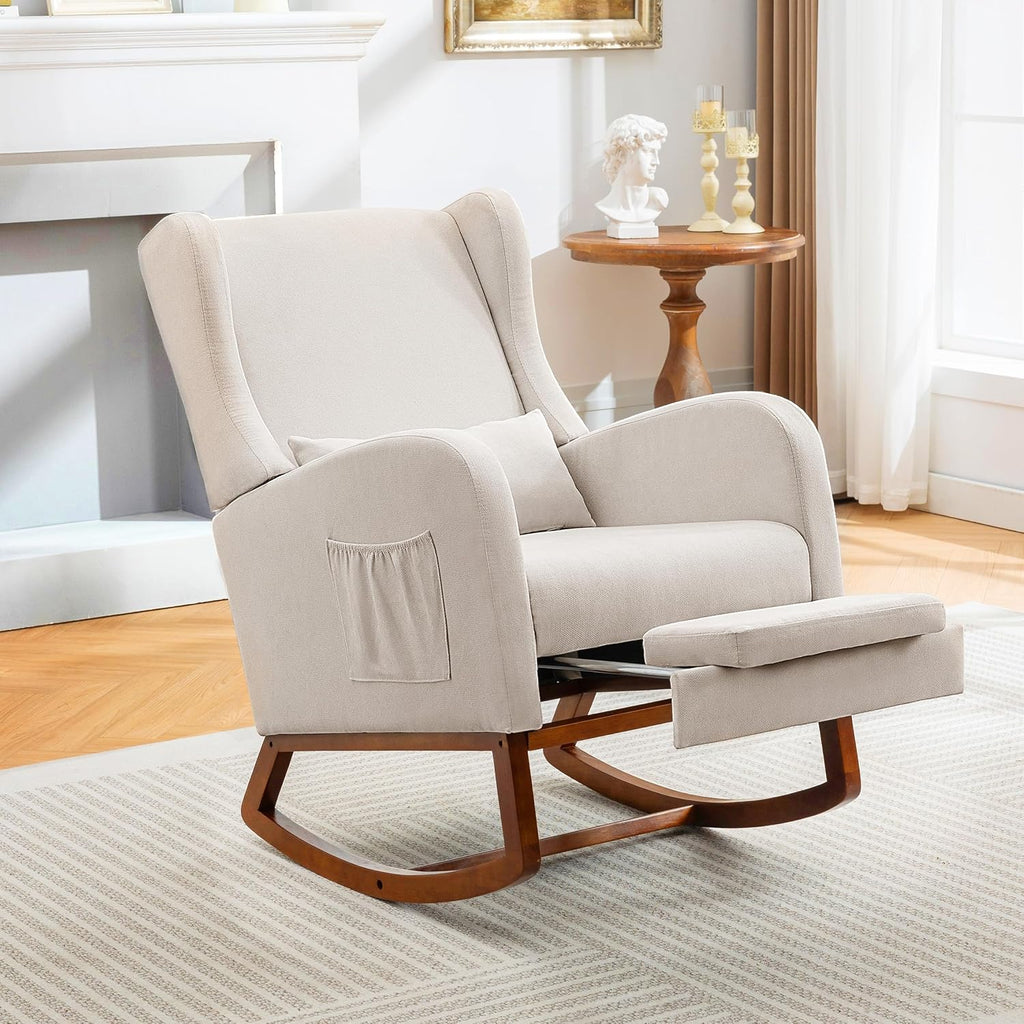 Nursery Rocking Chair with Footrest, Glider Rocking Nursing Chair Indoor, Upholstered Accent Nursery Glider Chair Rubber Wood Legs for Baby Nurser, Bedroom, Living Room, Beige