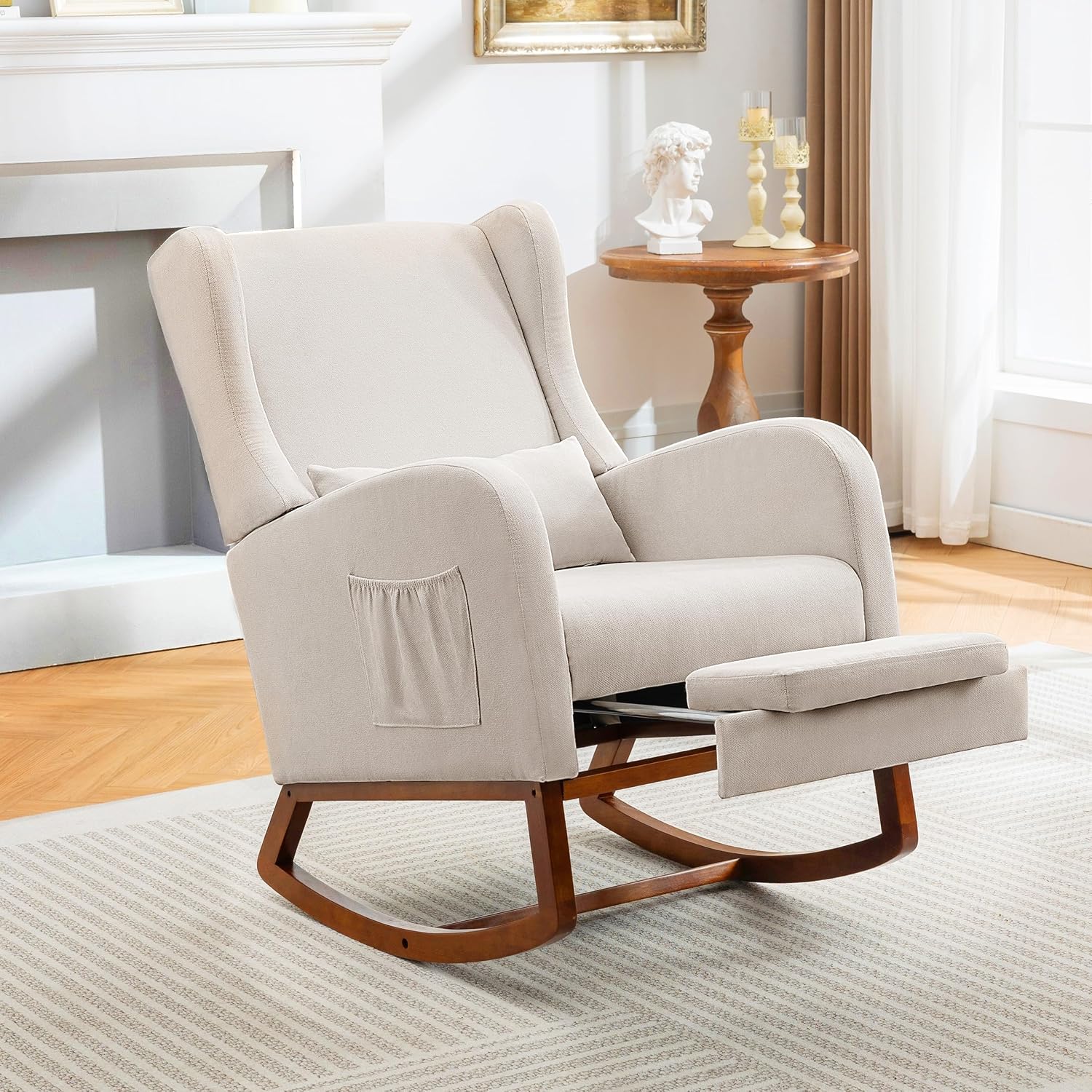 Nursery Rocking Chair with Footrest, Glider Rocking Nursing Chair Indoor, Upholstered Accent Nursery Glider Chair Rubber Wood Legs for Baby Nurser, Bedroom, Living Room, Beige