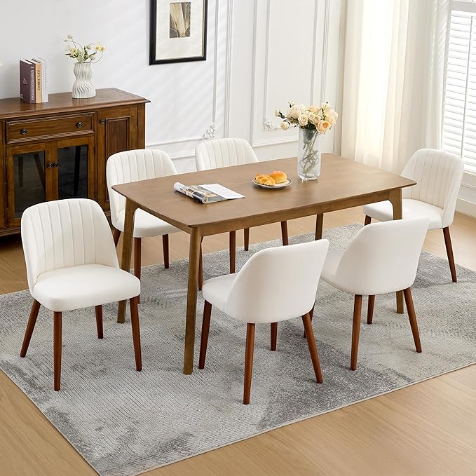 Wooden Dining Chairs Set of 6, Upholstered Kitchen Dining Room Chairs with Padded Seat and Wood Legs, Modern Fabric Side Dinner Chair for Kitchen, Dining Room, Restaurant, Cafe, Beige