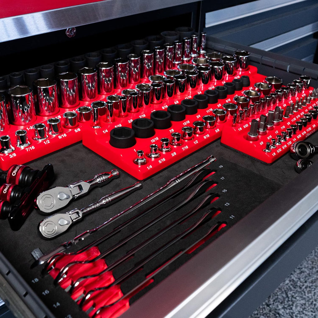 Olsa Tools Magnetic Socket Organizer (3/8-Inch Drive, 3 Row) - Magnetic Tool Organizer & Holder - SAE Red - Holds 39 Sockets - Professional Grade - Part: 1547