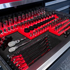 Olsa Tools Magnetic Socket Organizer (3/8-Inch Drive, 3 Row) - Magnetic Tool Organizer & Holder - SAE Red - Holds 39 Sockets - Professional Grade - Part: 1547