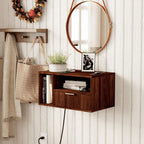 Veegle Floating Nightstand with Charging Station and LED Lights, Walnut Brown