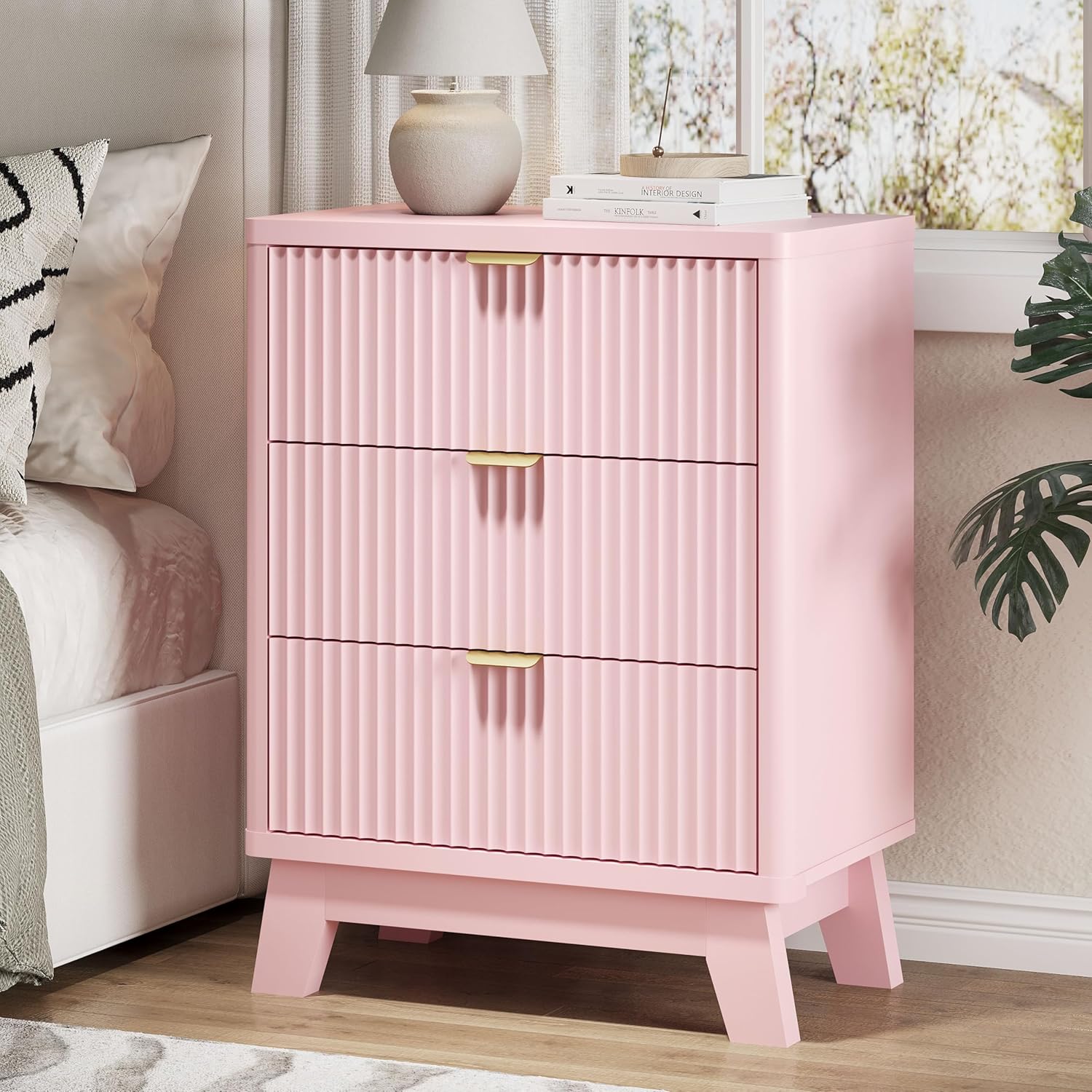 Fluted Nightstand with 3 Storage Drawers, 24" Wide Wood Bedside Table with Mental Handle, Mid Century Modern Wooden Side Table Night Stand, Curved End Table for Bedroom, Living Room, Pink