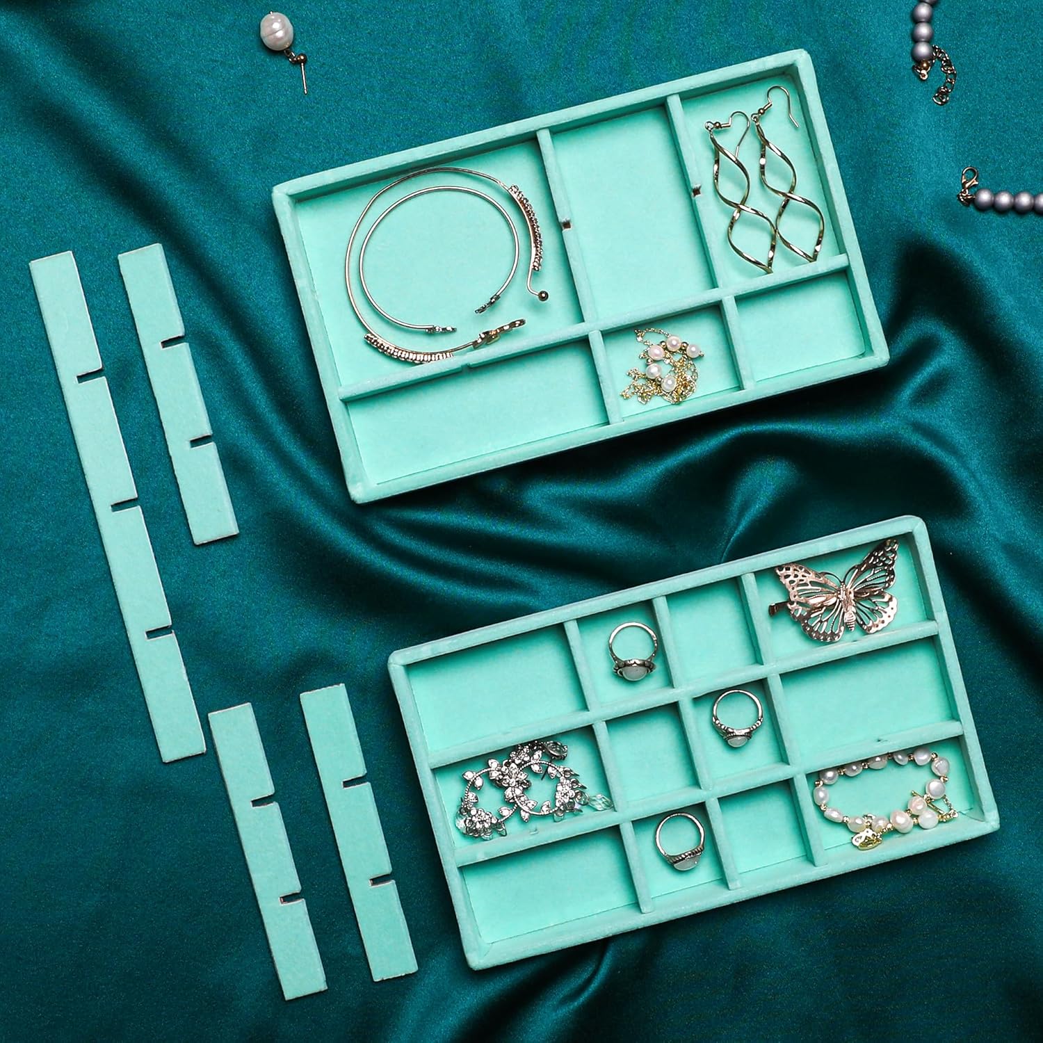 Frebeauty Jewelry Organizer Tray,Stackable Velvet Jewelry Trays,Drawer Inserts Earring Organizer For Women Jewelry Storage Display Case for Rings Stud Necklaces,8.3 x 4.9 x 1 Inches (Turquoise)