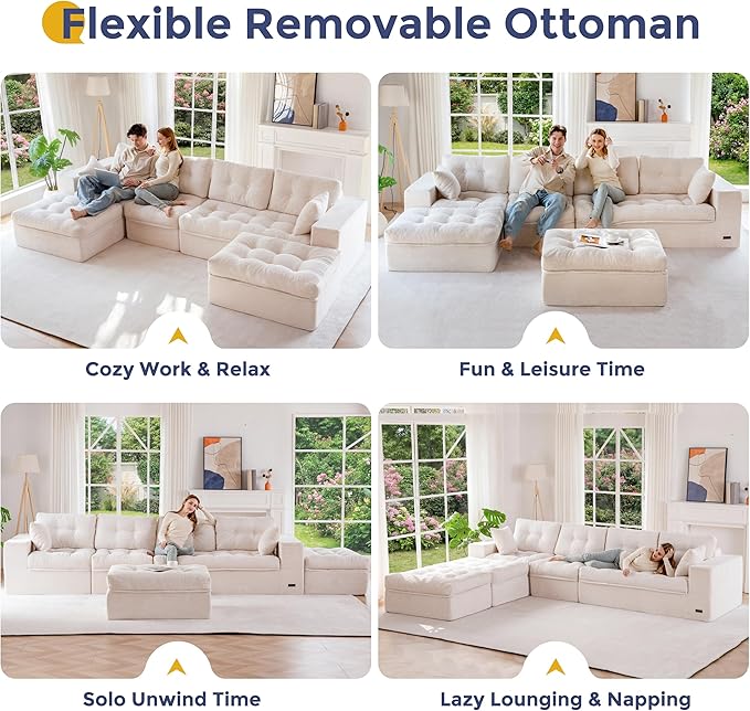 MAXYOYO 132" U Shaped Modular Sectional Sofa with 2 Ottomans, Cloud Boneless Couch with Layered Cushion, Flexible Module Combination Sofa for Living Room, No Assembly Required, Beige