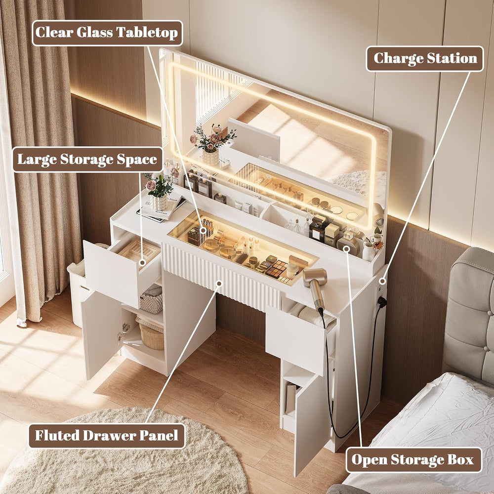 INNOD 44" Vanity Desk with Large Mirror and Lights, Modern Glass Top Mak...