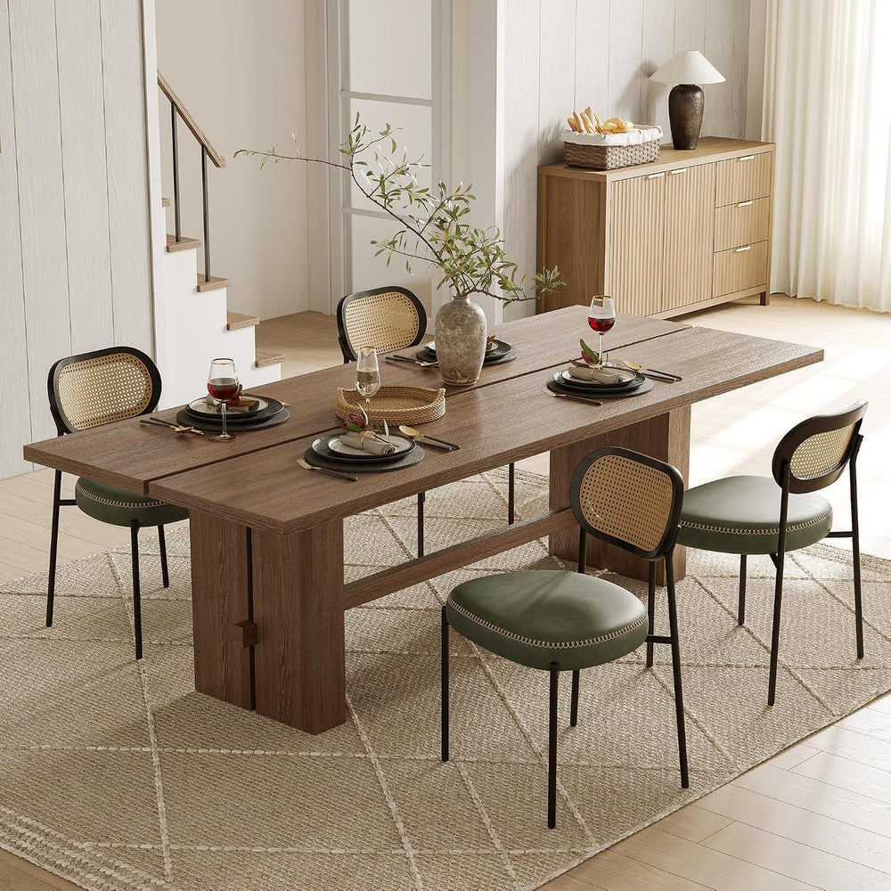 Rattan Dining Chairs Set of 4, Green Leather Upholstered Dining Chairs with R...