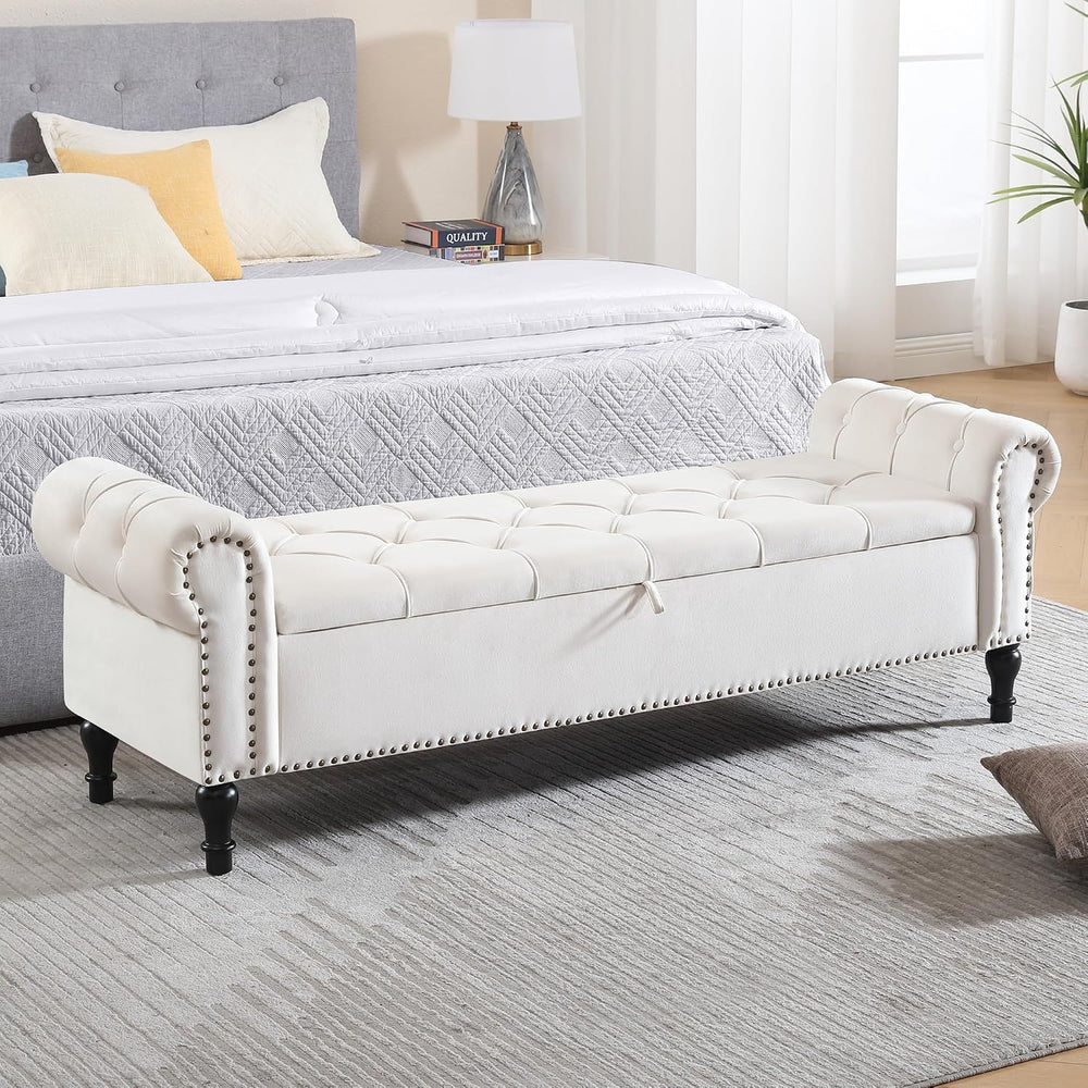 Velvet Storage Bench 67 Inch Upholstered Tufted Ottoman Bench with Arms Large...
