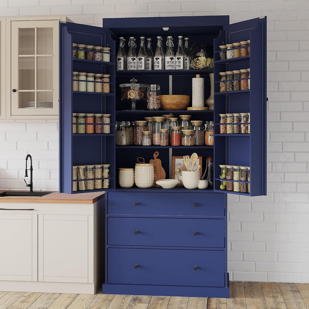 77" Tall Farmhouse Kitchen Pantry Cabinet, Freestanding Food Storage Cup...