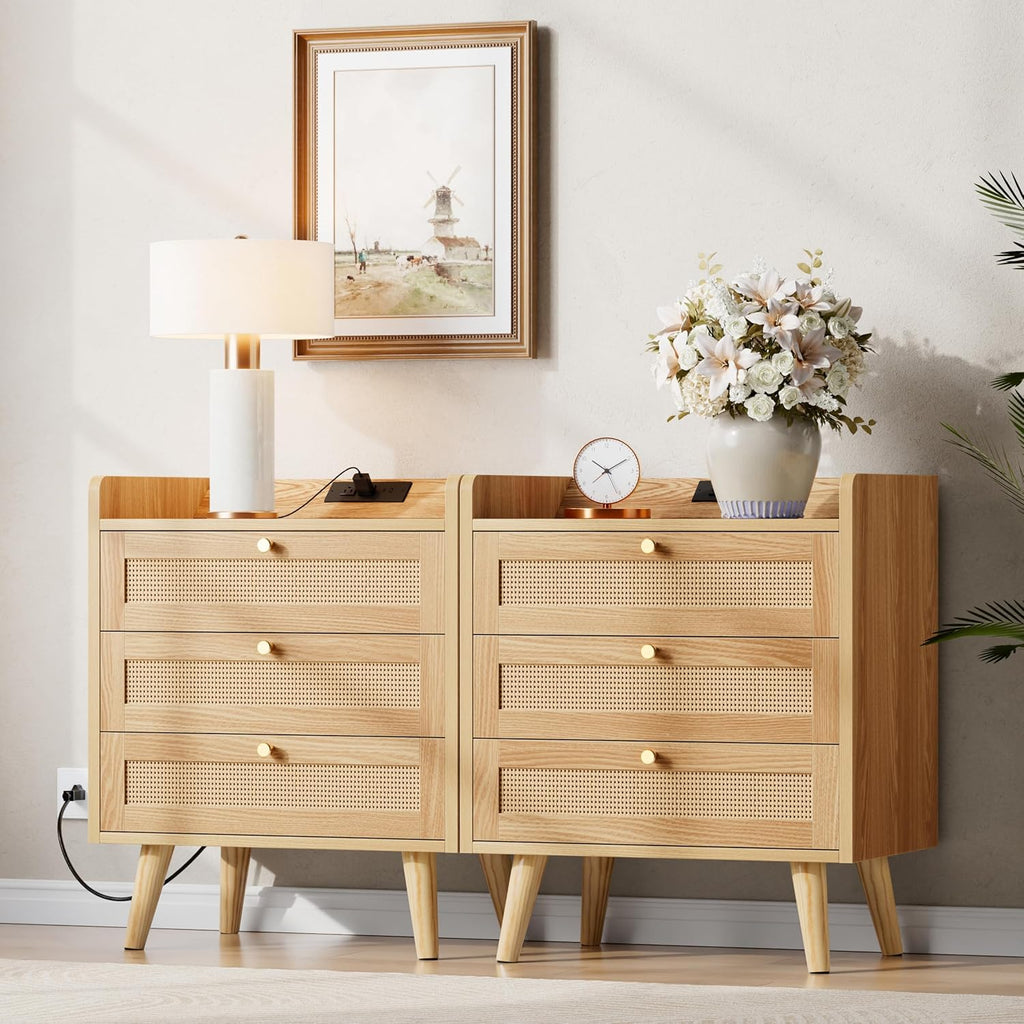 Rattan Night Stand with Charging Station, End Tables with 3 Drawer Dresser, Boho Bedside Table, Mid Century Modern Nightstand, RuralCabinet for Farmhouse Bedroom Living Room Sofa Couch Office Corner