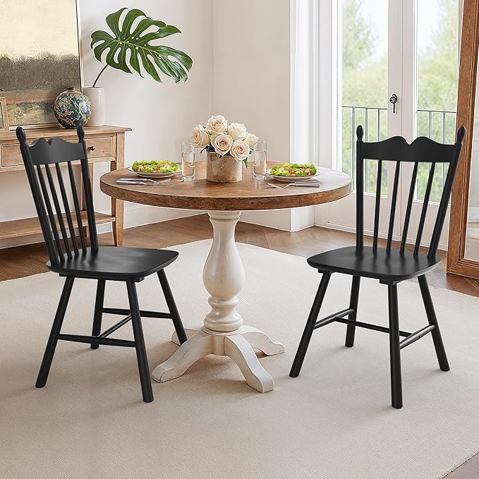 LUE BONA Black Dining Chairs Set of 2, Windsor Wooden Dining Chair with Thickened Backrest, Morden and Mid Century Kitchen Chairs for Dining Room Farmhouse, Weight Capacity 350 lbs