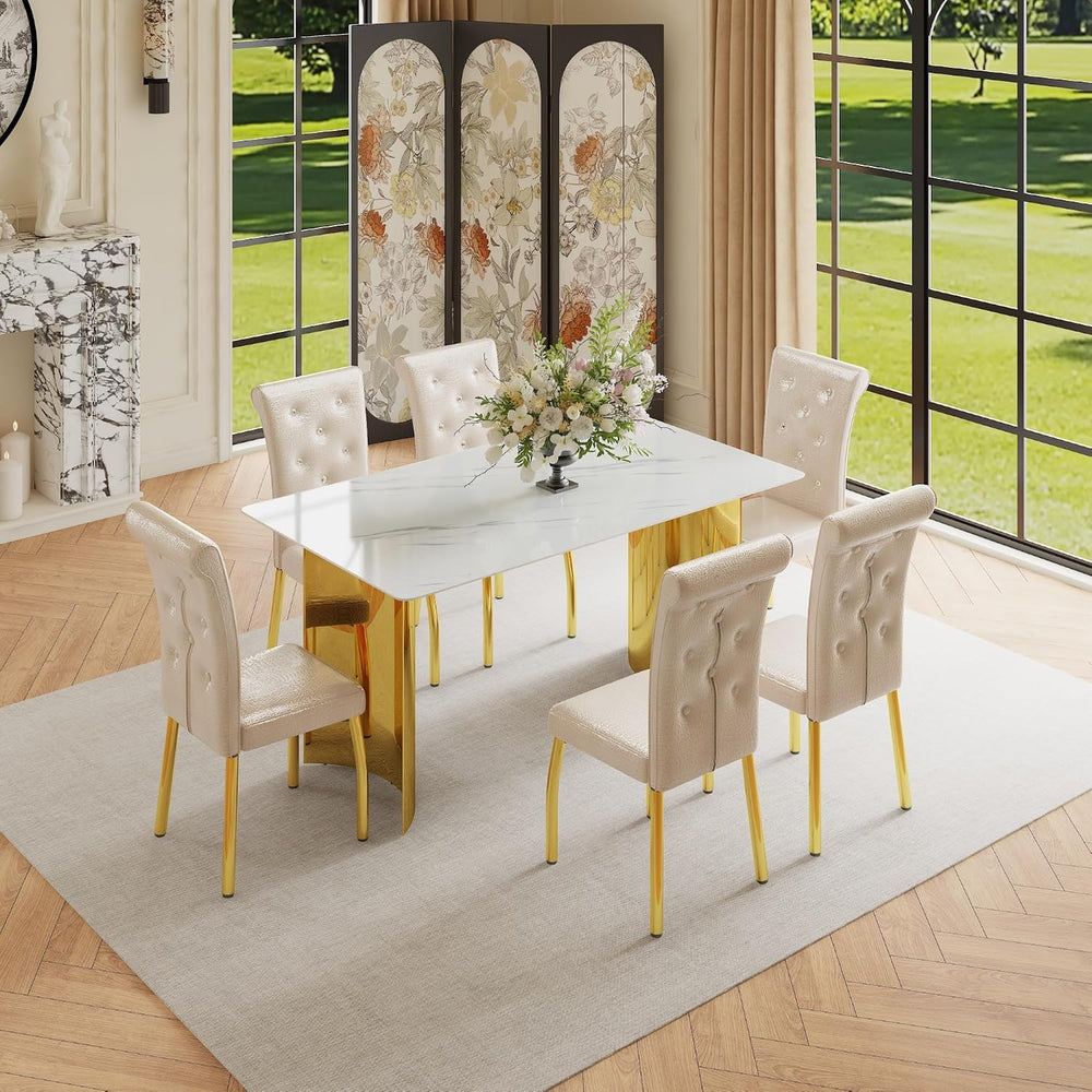 71" Dining Table Set for 6, White Faux Marble Dining Room Table Set for ...