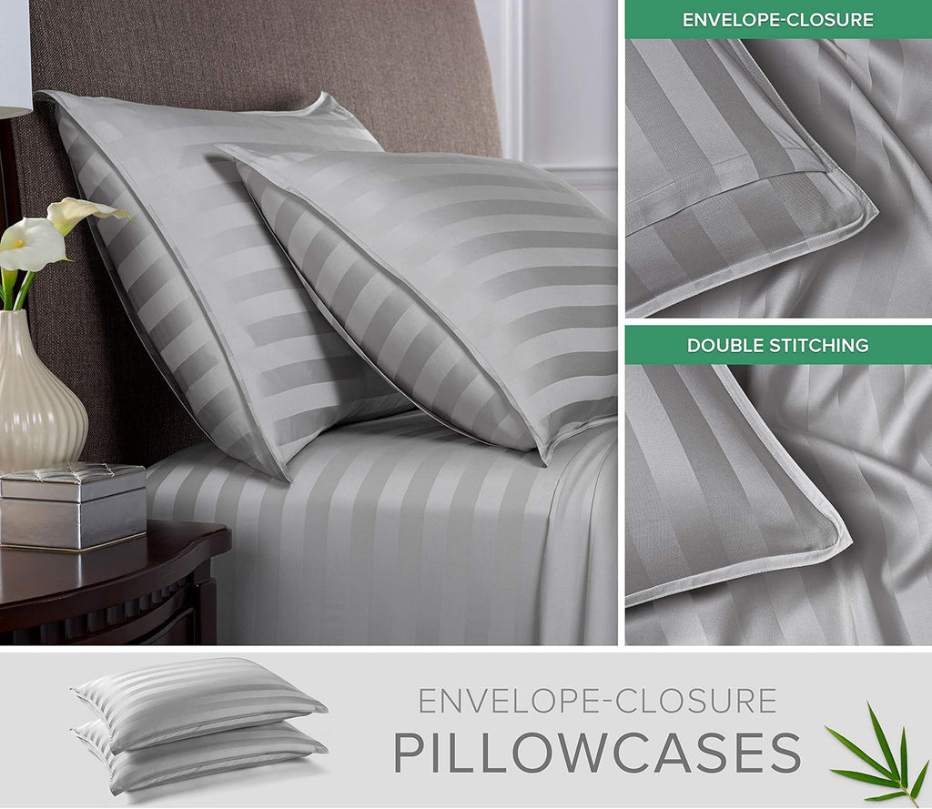 Queen Pillowcases by Pure Bamboo, Genuine 100% Organic Viscose Derived from Bamboo, Luxuriously Soft & Cooling, Double Stitching, Envelope Closure (2 Queen Pillowcases, Jacquard Silver)