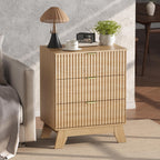 Natural Oak Night Stand with 3 Drawers, Bedside Table & End Table, 24" Wide Mid Century Modern Fluted Wood Nightstand with Metal Handles, Farmhouse Night Stands for Bedroom