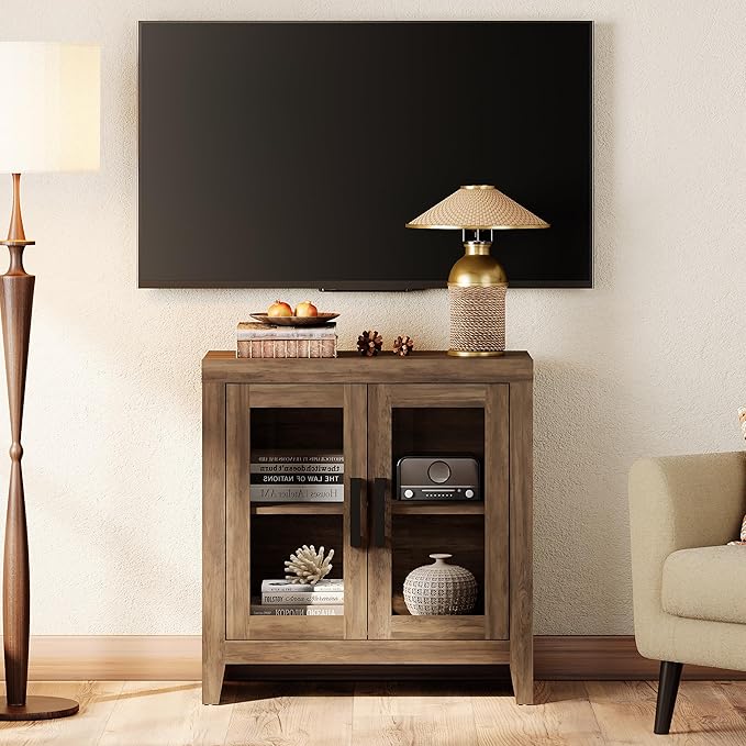 WAMPAT Farmhouse TV Stand for TVs up to 50”, Rustic Wood Entertainment Center with Adjustable Shelf, Glass Doors & Storage, Media Console Cabinet for Living-Room, Bedroom, Brown
