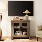 WAMPAT Farmhouse TV Stand for TVs up to 50”, Rustic Wood Entertainment Center with Adjustable Shelf, Glass Doors & Storage, Media Console Cabinet for Living-Room, Bedroom, Brown