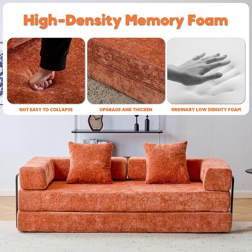 ZEIINPA Convertible Floor Sofa Bed with Fixed-Shape Frame, Modular Chenille Folding Mattress Couch with Armrest, Floor Sofa Lounge Couch for Living Room Bedroom Lounge Studio,Burnt Orange