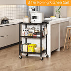 3-Tier Rolling Cart, Space-Saving Kitchen Cart with 150Lbs Capacity, Black Storage Cart with 2 Lockable Wheels for Kitchen Island, Restaurant, Garage, Backyard（No Wooden Boards, Lightweight Version）
