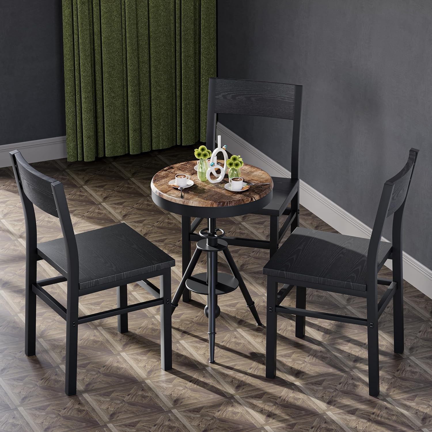 MECHYIN Dining Chairs Set of 4, Rustic Wood Dining Room Chairs with Thickened and Strengthened Metal Steel Frame & Slat Back, Modern Farmhouse Chair for Kitchen, Dining Room (4, Dark Black)