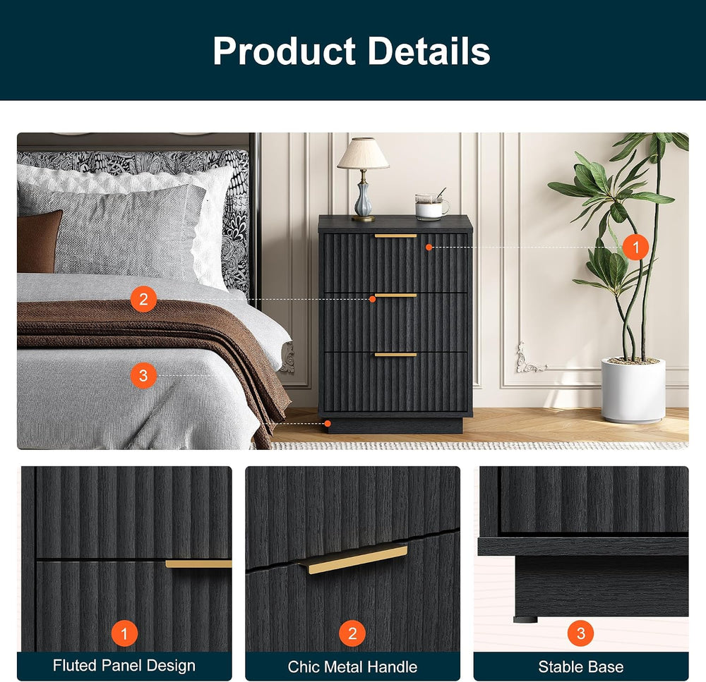 RoyalCraft Black Fluted Nightstand, Modern Bedside Table with 3 Large Storage...