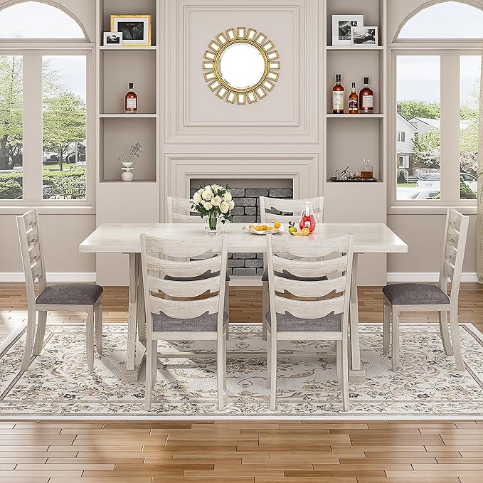 7-Piece Solid Wood Dining Table Set with 6 Upholstered Chairs - Modern Design for Kitchen & Small Spaces, for Dining Room, Kitchen, Washed Gray